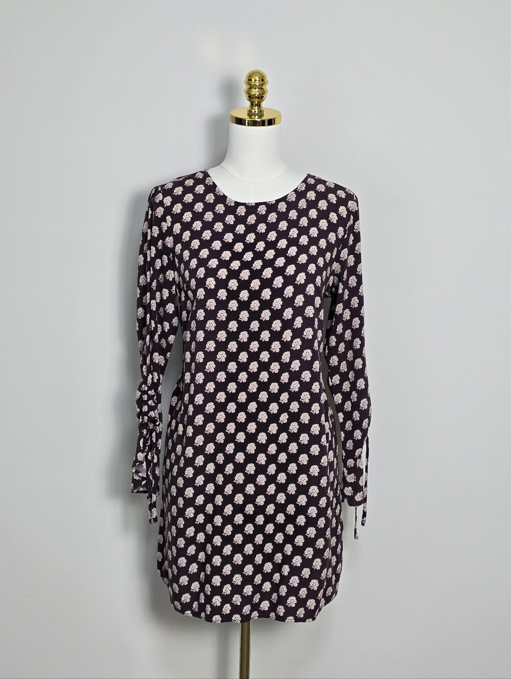 H&M Floral Long Sleeve Shift Tunic Mini Dress Brown Pink Size 8